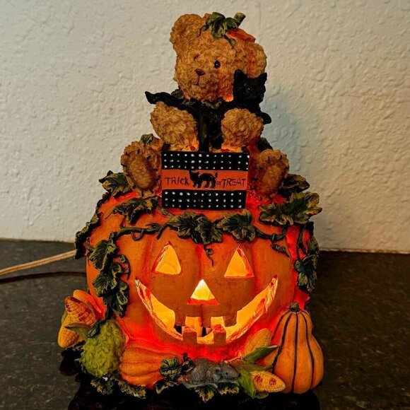 Vintage GLORIA JEANS Exclusive HALLOWEEN FALL LIGHT UP PUMPKIN w/ BEAR  * - Picture 1 of 10